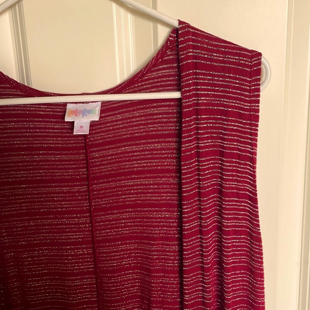 LuLaRoe Elegant Joy Red with Silver Threading Cardigan Vest Size Medium